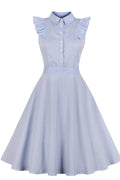 1940s Blue Ruffled Turn Down Collar A-line Dress