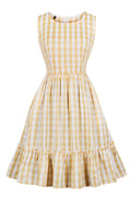 1940s Yellow Paid Pattern Ruffled Hem Dress