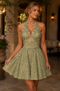 3D Floral Lace Appliques A-Line Empire-Waist Halter Homecoming Dress
