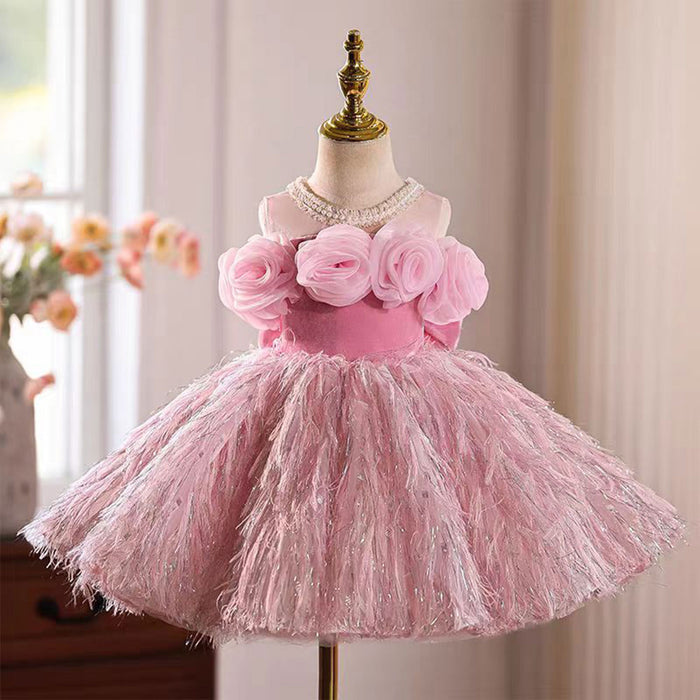 3D Flowers Fur Pink Girl Dress With Bow Sleeveless D016