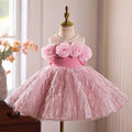 3D Flowers Fur Pink Girl Dress With Bow Sleeveless D016
