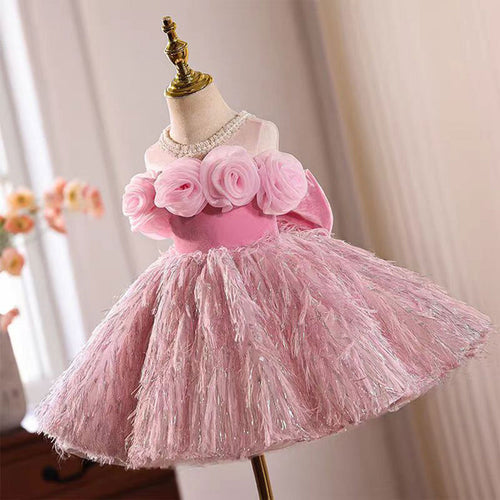 3D Flowers Fur Pink Girl Dress With Bow Sleeveless D016