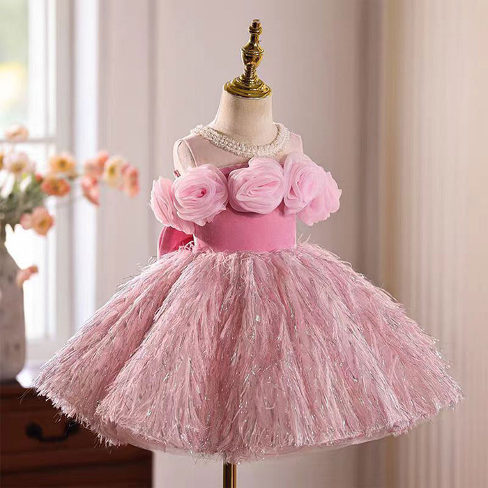 3D Flowers Fur Pink Girl Dress With Bow Sleeveless D016
