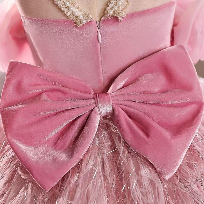 3D Flowers Fur Pink Girl Dress With Bow Sleeveless D016