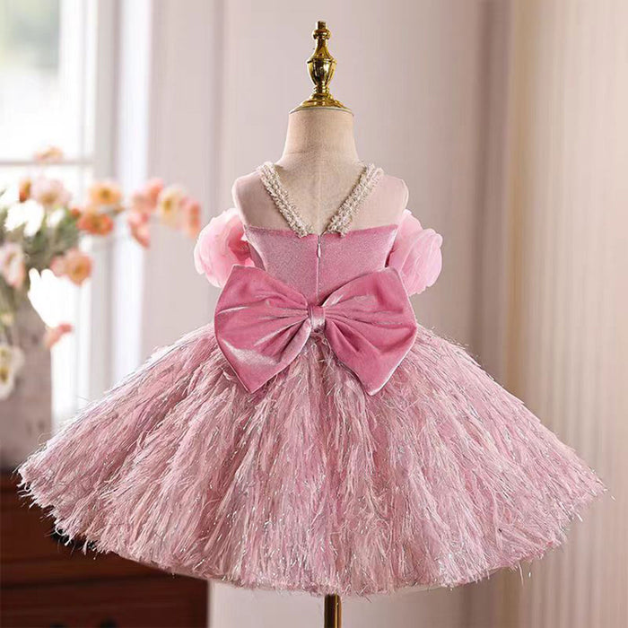 3D Flowers Fur Pink Girl Dress With Bow Sleeveless D016