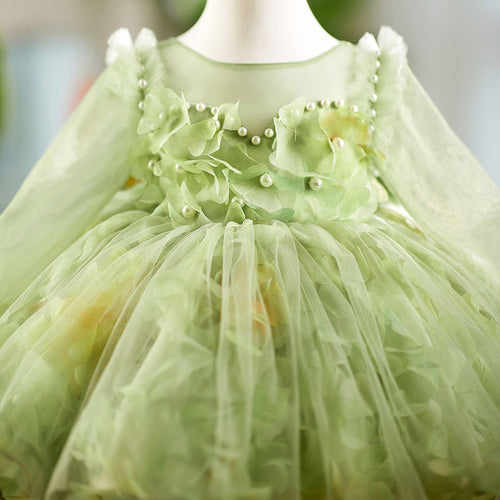 3D Flowers Knee Length Toddler 1 St Birthday Girl Dress D096