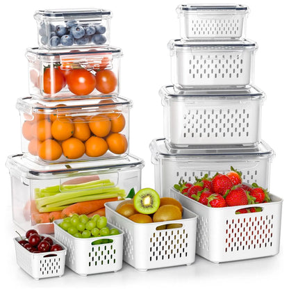 8 Pack Fruit & Vegetable Storage Containers with Double Drainers