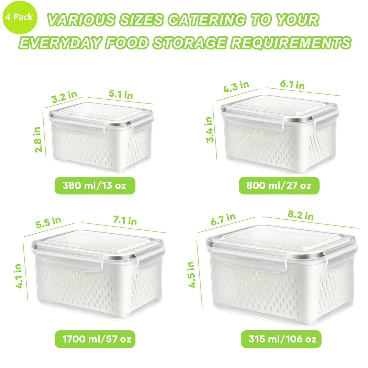 8 Pack Fruit & Vegetable Storage Containers with Double Drainers