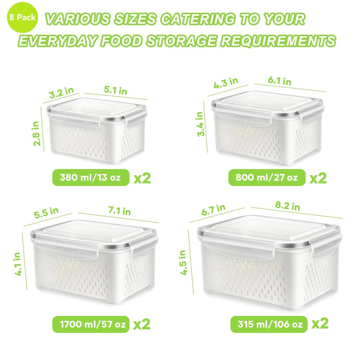 8 Pack Fruit & Vegetable Storage Containers with Double Drainers