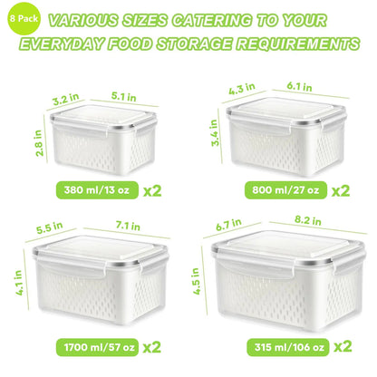 8 Pack Fruit & Vegetable Storage Containers with Double Drainers