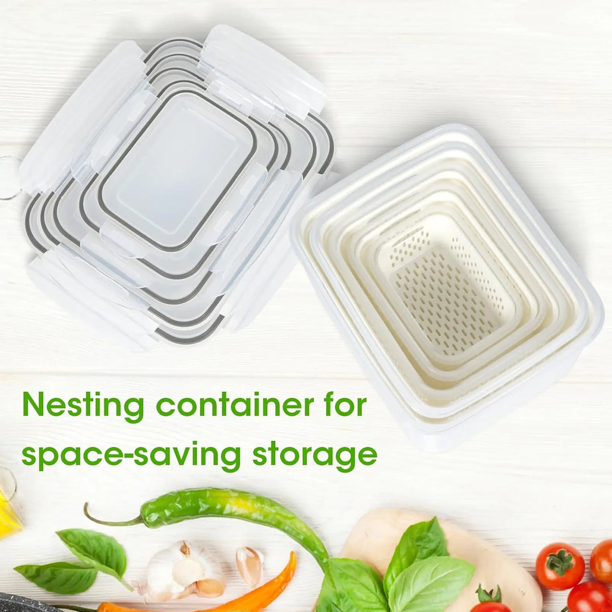 8 Pack Fruit & Vegetable Storage Containers with Double Drainers