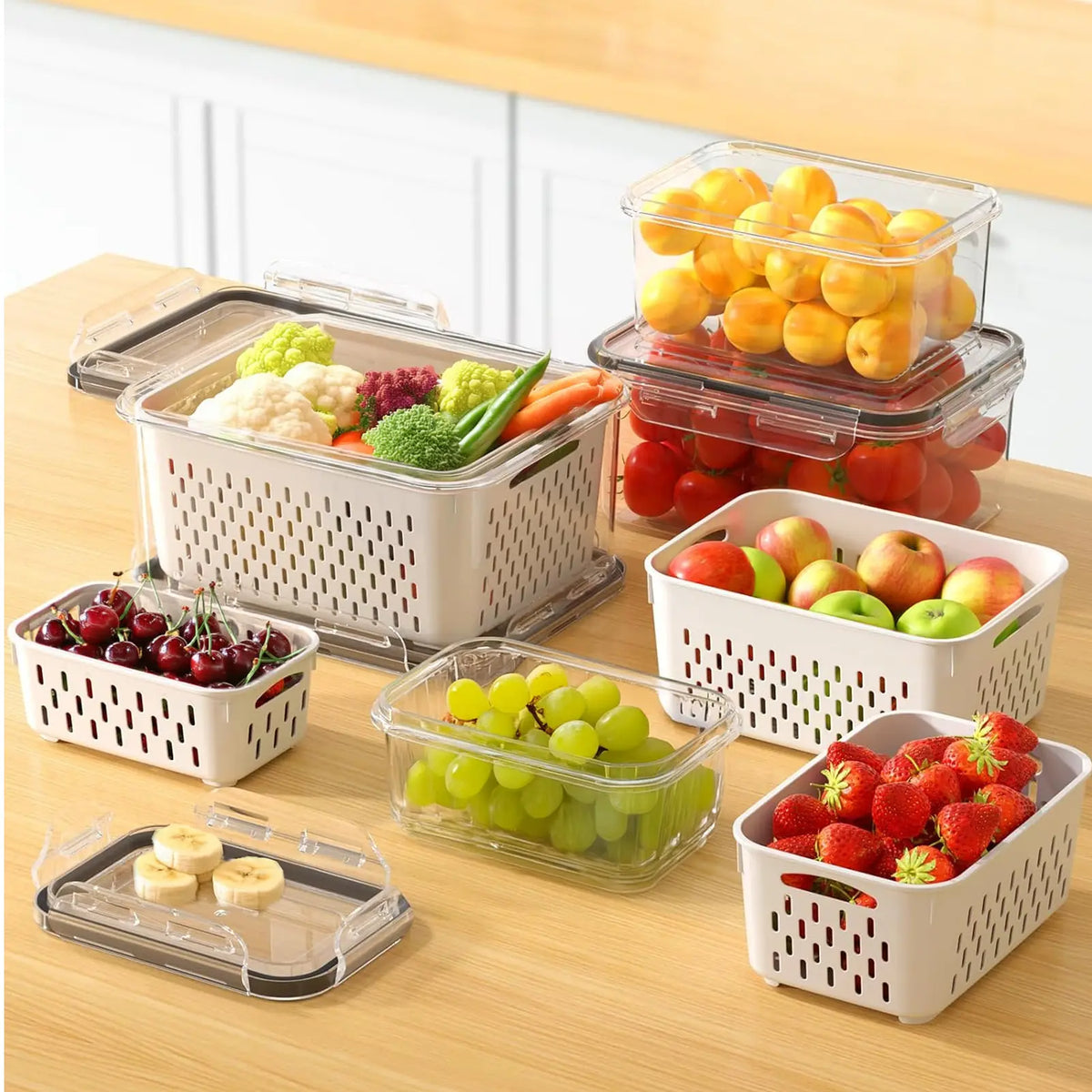 8 Pack Fruit & Vegetable Storage Containers with Double Drainers