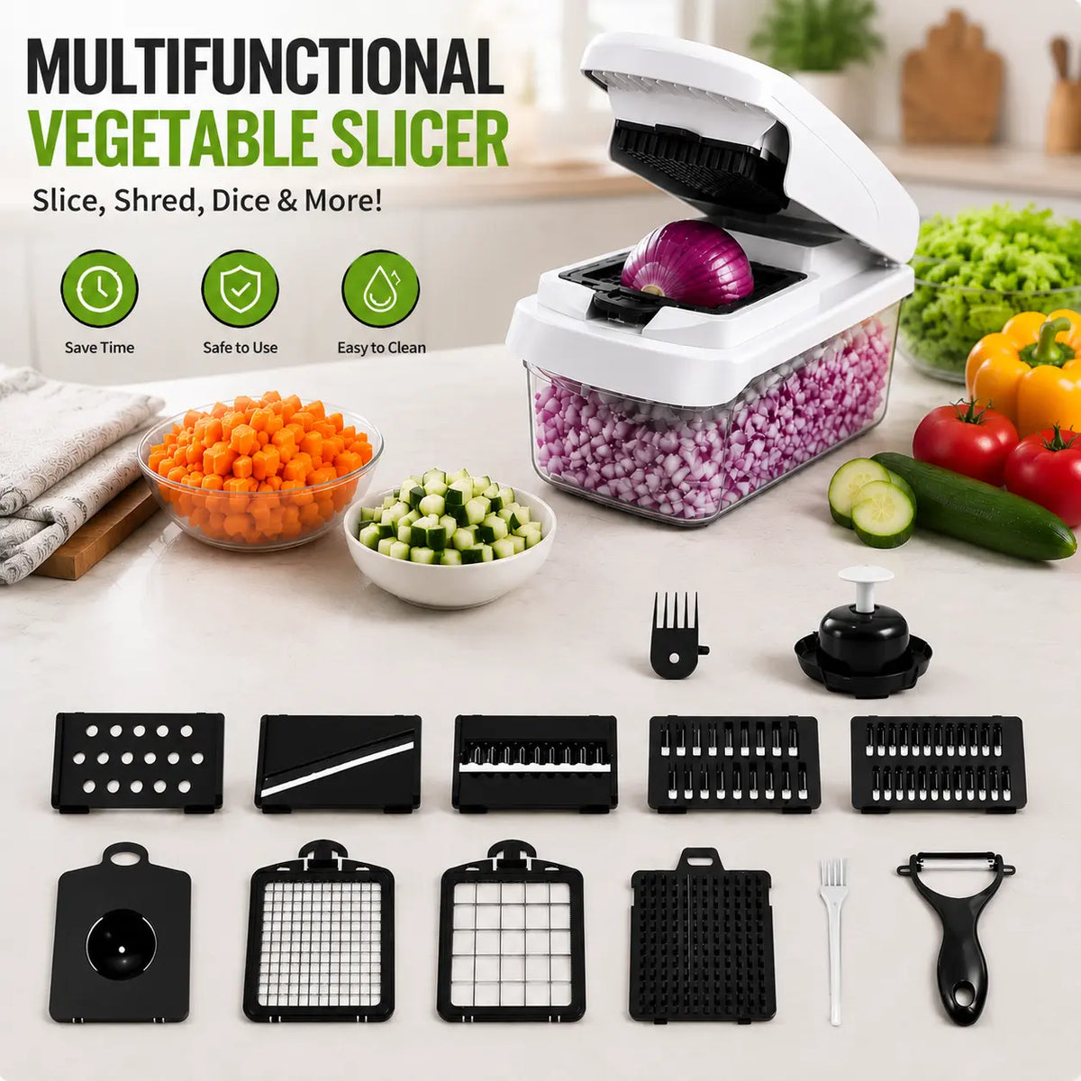 16 in 1 Vegetable Chopper & Spiralizer with 8 Interchangeable Blades