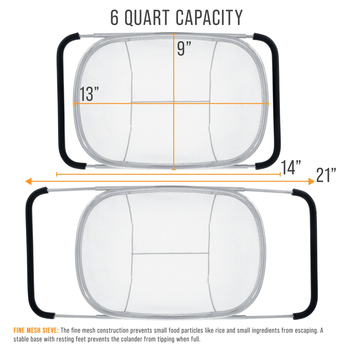 6 Quart Collapsible Stainless Steel Colander with Expandable Handles