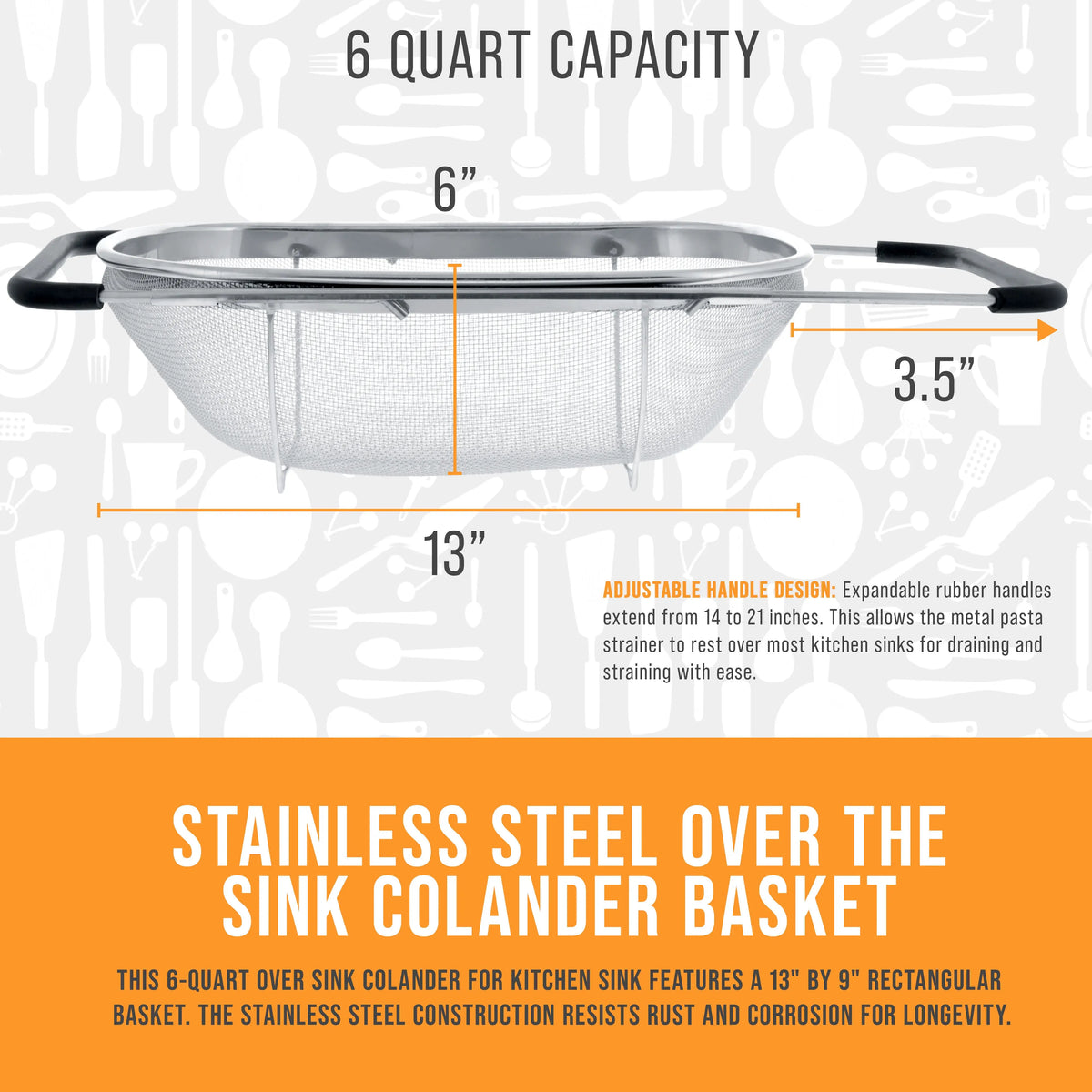 6 Quart Collapsible Stainless Steel Colander with Expandable Handles