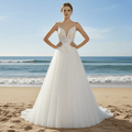 A Line Bling Tulle V Neck Wedding Dresses with Spaghetti Straps - Rosymae