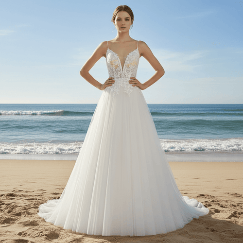 A Line Bling Tulle V Neck Wedding Dresses with Spaghetti Straps - Rosymae