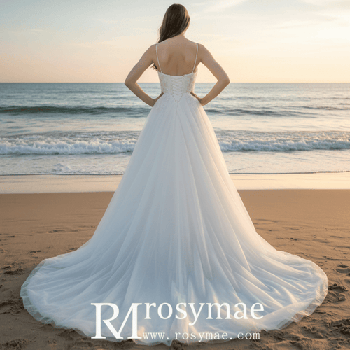 A Line Bling Tulle V Neck Wedding Dresses with Spaghetti Straps - Rosymae