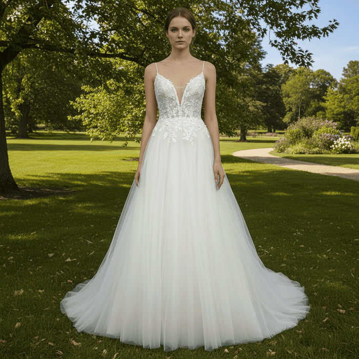 A Line Bling Tulle V Neck Wedding Dresses with Spaghetti Straps - Rosymae