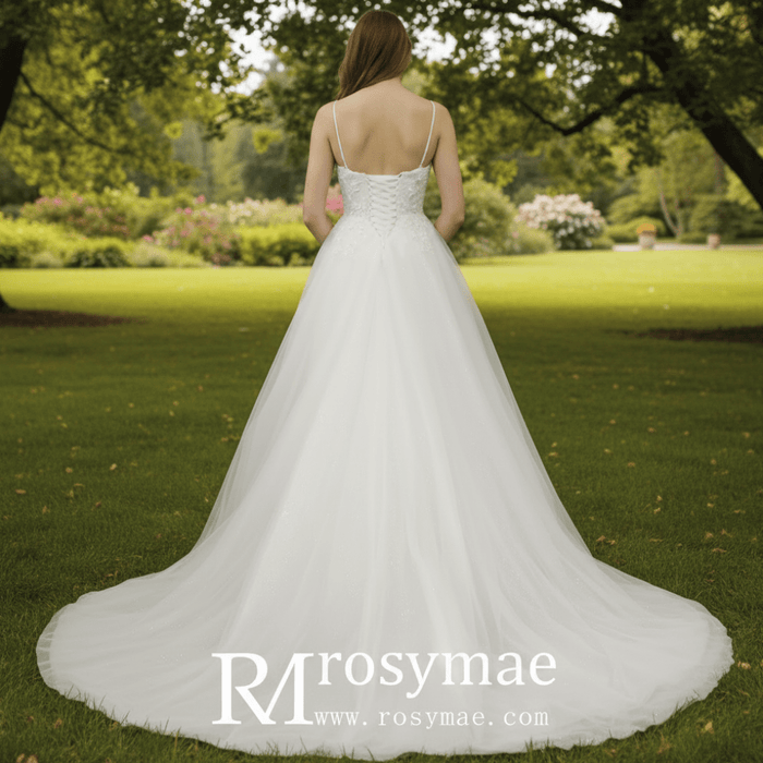 A Line Bling Tulle V Neck Wedding Dresses with Spaghetti Straps - Rosymae