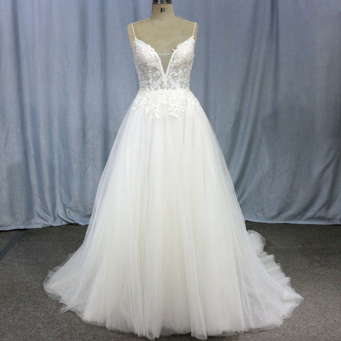 A Line Bling Tulle V Neck Wedding Dresses with Spaghetti Straps - Rosymae