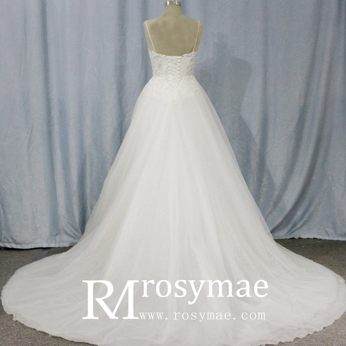 A Line Bling Tulle V Neck Wedding Dresses with Spaghetti Straps - Rosymae