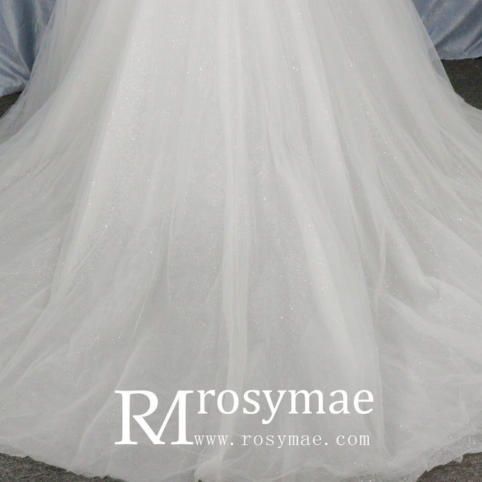 A Line Bling Tulle V Neck Wedding Dresses with Spaghetti Straps - Rosymae