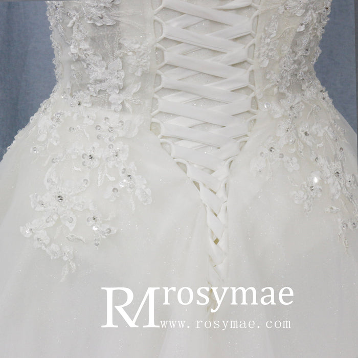 A Line Bling Tulle V Neck Wedding Dresses with Spaghetti Straps - Rosymae