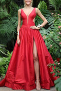 A-Line Deep V-Neck Empire-Waist Sleeveless Satin Prom Dress with Slit