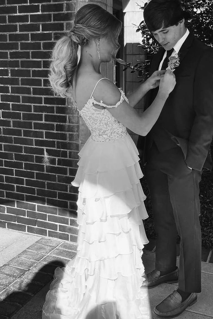 A-Line Empire-Waist Cold Shoulder Tiered Chiffon Prom Dress Long