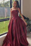 A-Line Empire-Waist Strapless Pleats Sleeveless Long Prom Dress with Train