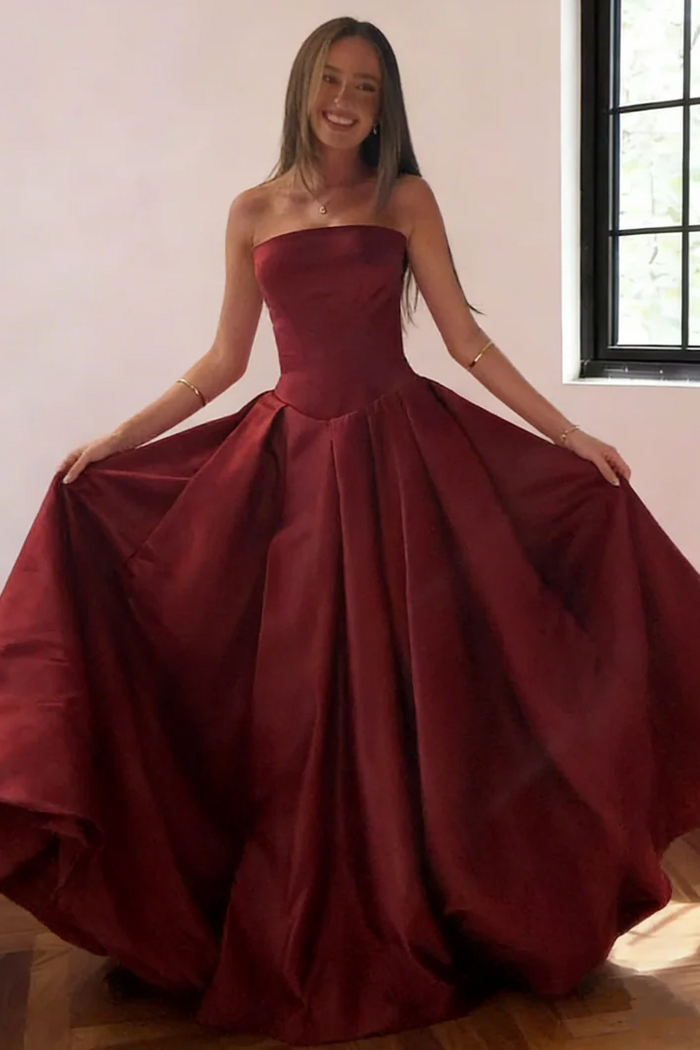 A-Line Empire-Waist Strapless Pleats Sleeveless Long Prom Dress with Train