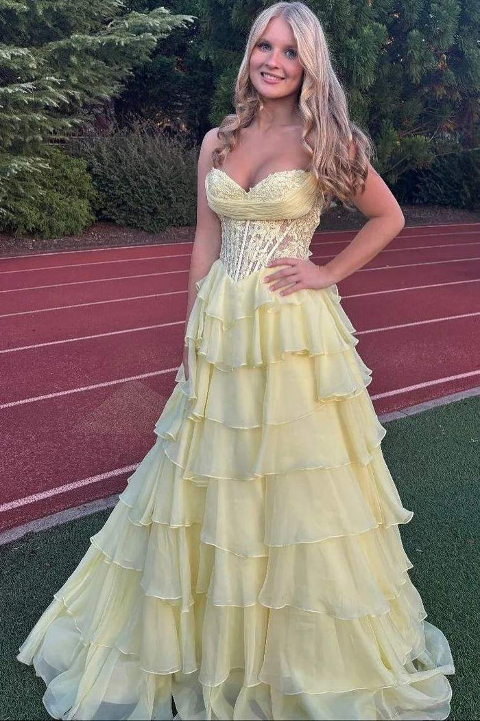 A-Line Empire-Waist Strapless Ruffles V-Neck Appliques Chiffon Prom Dress