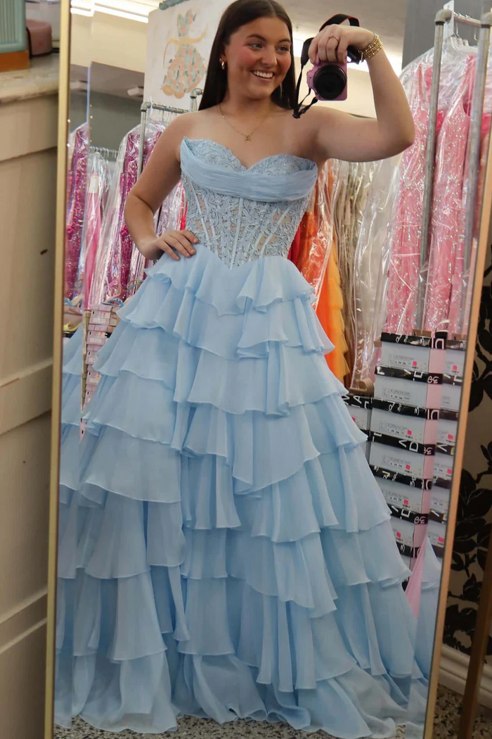 A-Line Empire-Waist Strapless Ruffles V-Neck Appliques Chiffon Prom Dress