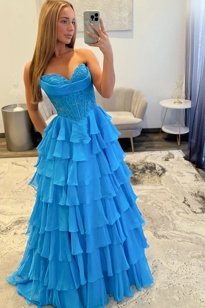 A-Line Empire-Waist Strapless Ruffles V-Neck Appliques Chiffon Prom Dress