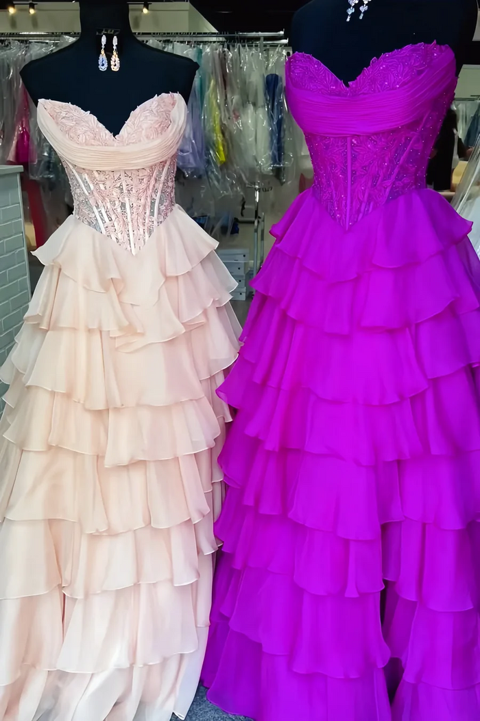 A-Line Empire-Waist Strapless Ruffles V-Neck Appliques Chiffon Prom Dress