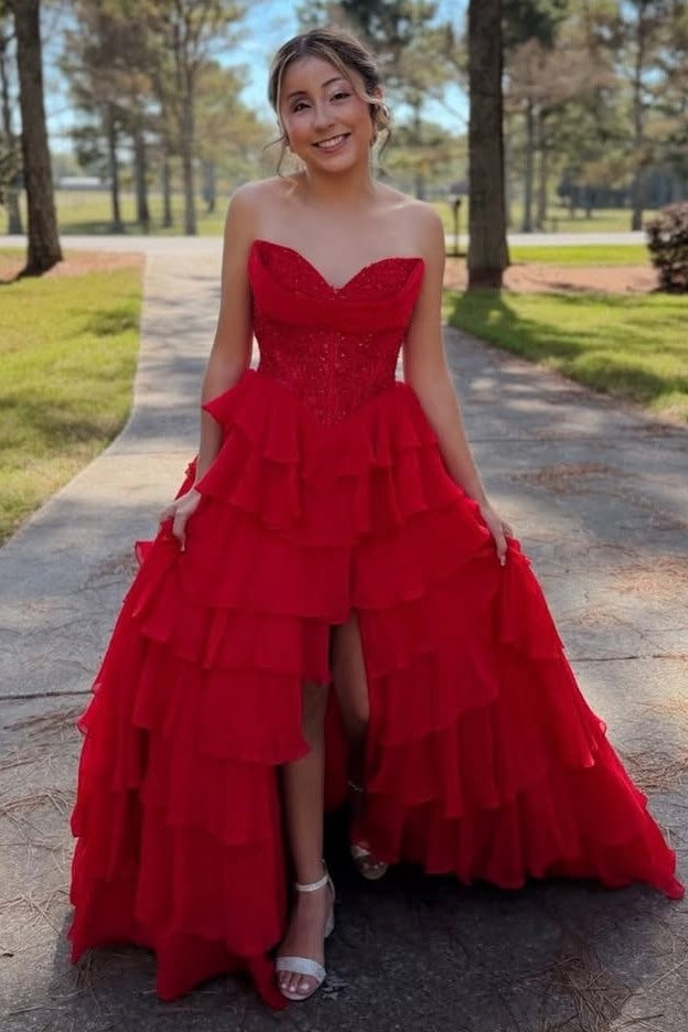 A-Line Empire-Waist Strapless Ruffles V-Neck Appliques Chiffon Prom Dress