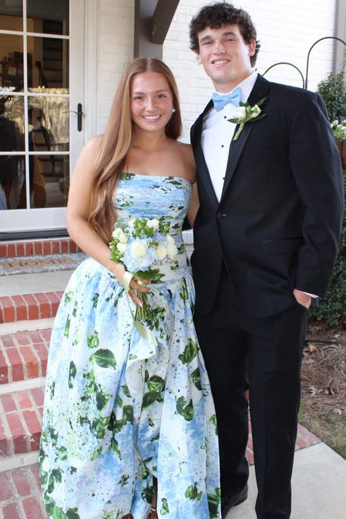 A-Line Floral Print Empire-Waist Strapless Sleeveless Long Prom Dress