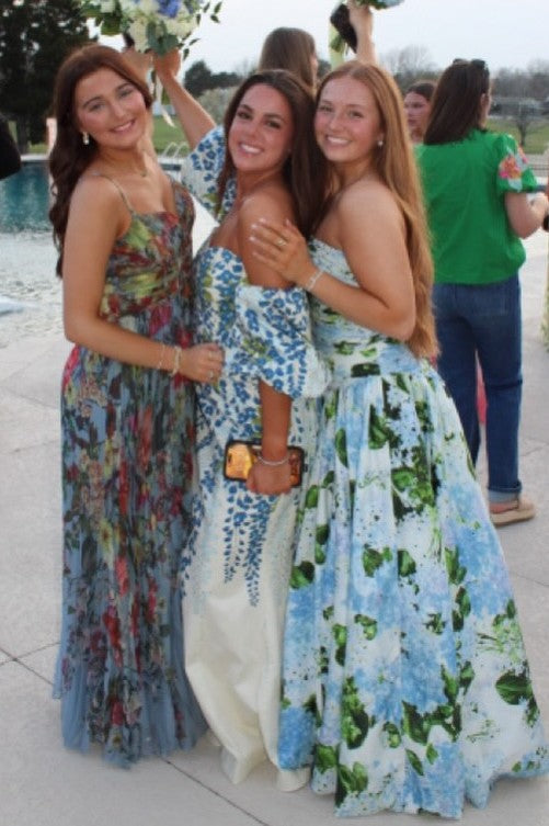 A-Line Floral Print Empire-Waist Strapless Sleeveless Long Prom Dress