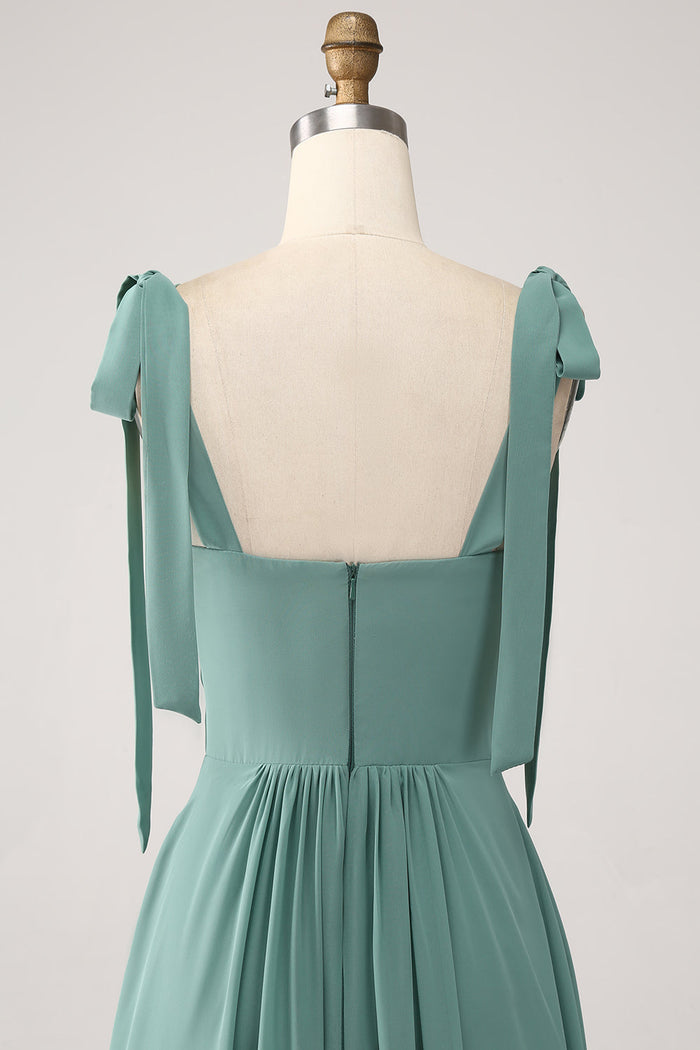 A-Line Green Maxi Dress with Bow Straps