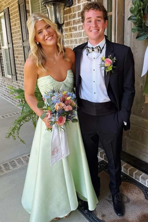 A-Line Mint Strapless Sleeveless Empire-Waist Satin Formal Prom Dress