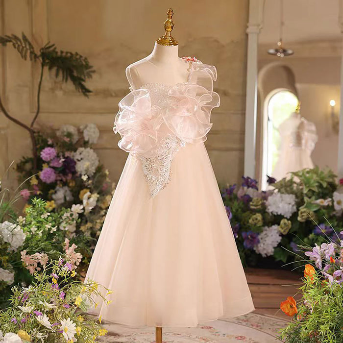 A-Line One Shoulder Tulle Flower Girl Dress Sleeveless D038