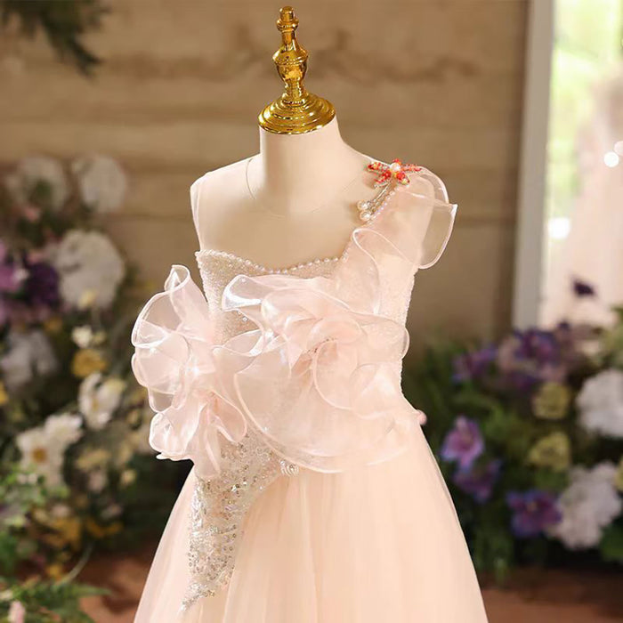A-Line One Shoulder Tulle Flower Girl Dress Sleeveless D038