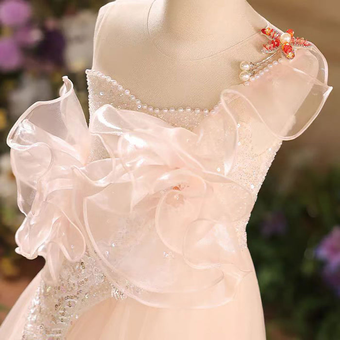 A-Line One Shoulder Tulle Flower Girl Dress Sleeveless D038