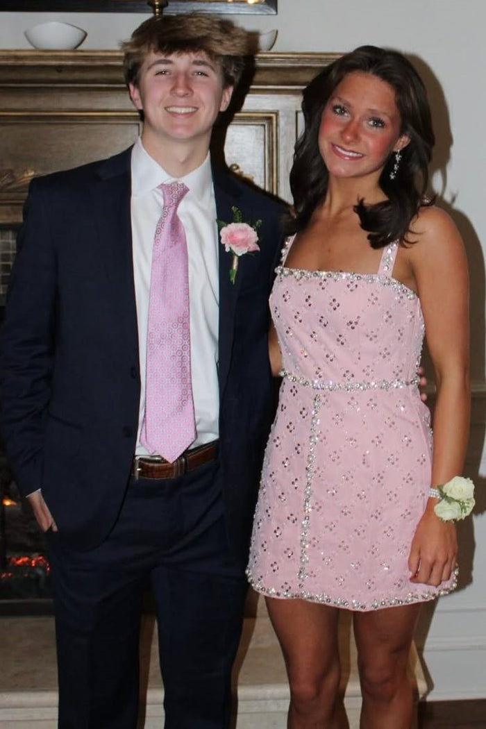 A-Line Pink Straps Pearls Sleeveless Short Homecoming Dress