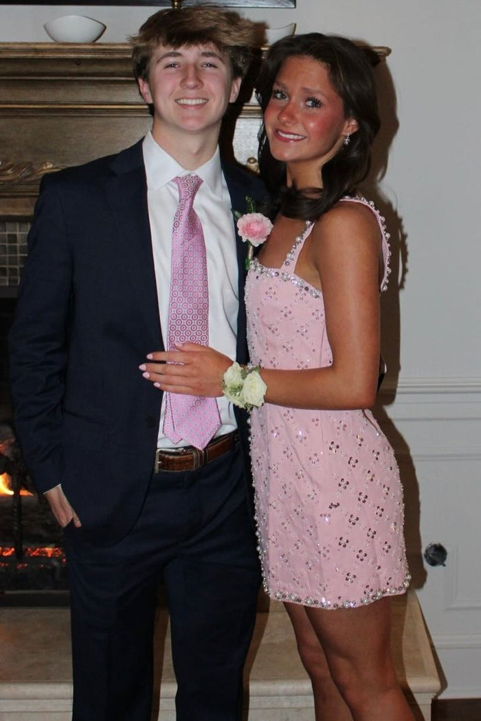 A-Line Pink Straps Pearls Sleeveless Short Homecoming Dress