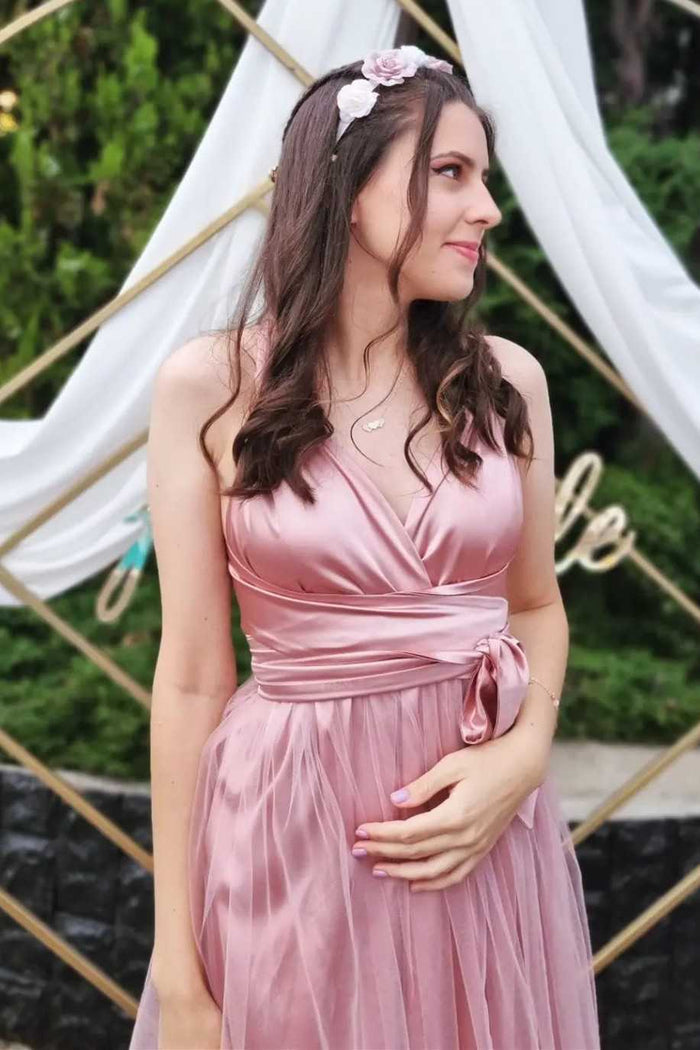 A-Line Pink Surplice Belted Long Dress