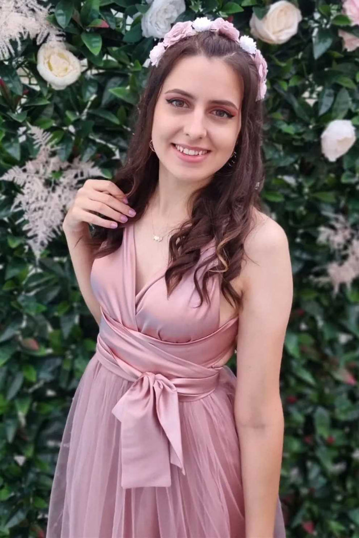 A-Line Pink Surplice Belted Long Dress
