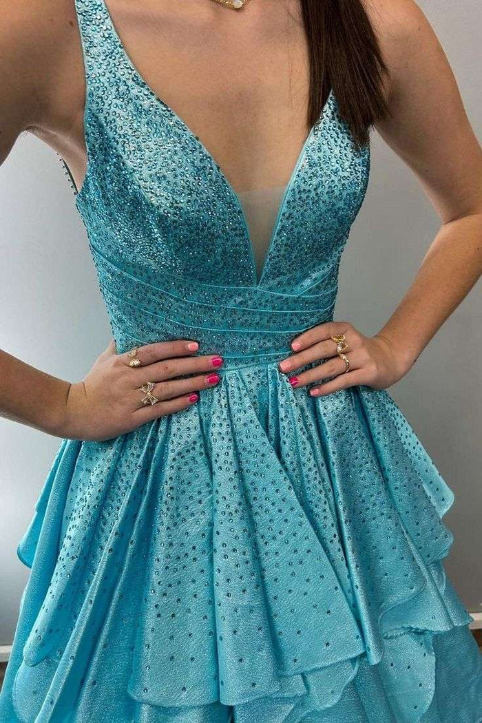 A-Line Ruffles Straps V-Neck Rhinestone Empire-Waist Prom Dress