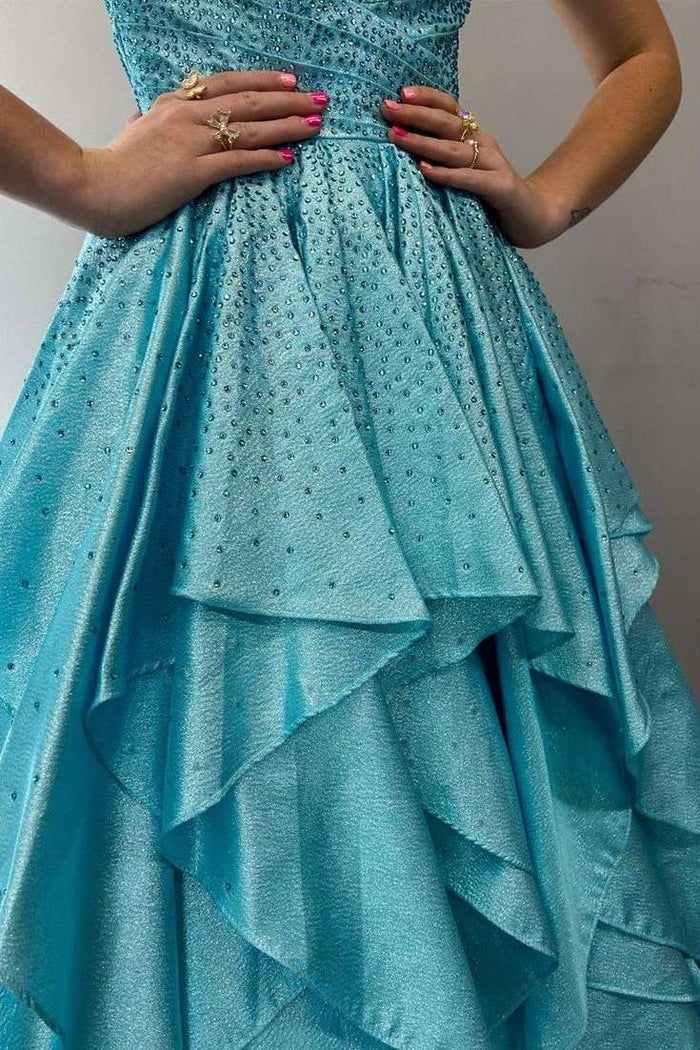A-Line Ruffles Straps V-Neck Rhinestone Empire-Waist Prom Dress